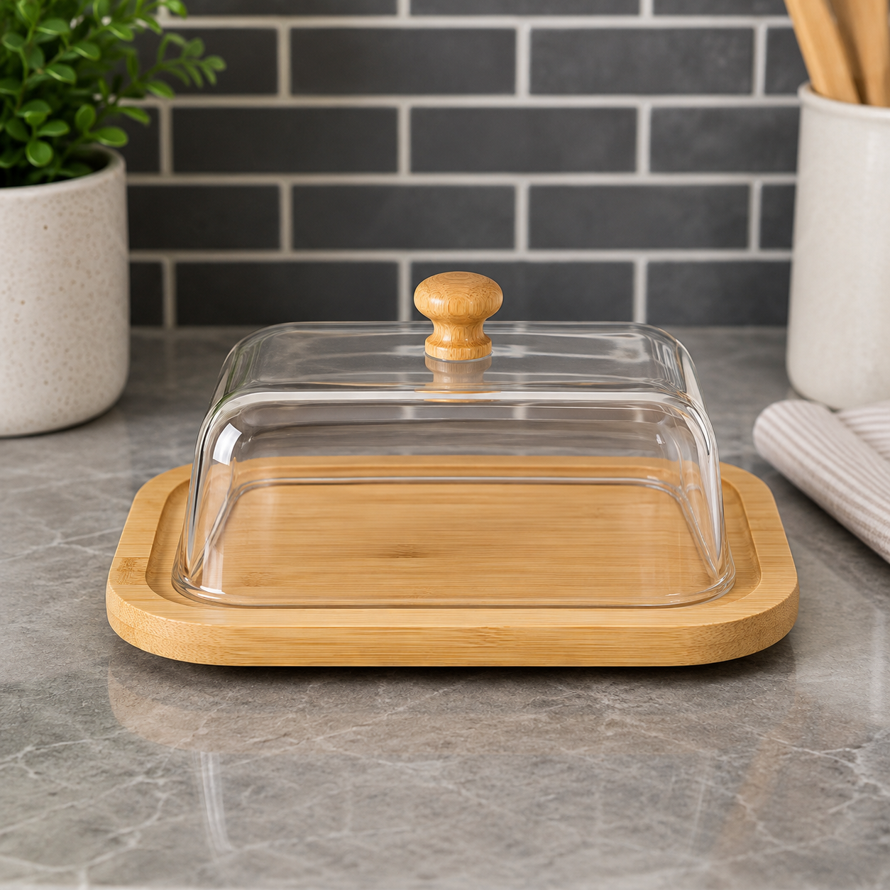RECTANGULAR BUTTER DISH WITH BAMBOO TRAY & CLEAR LID