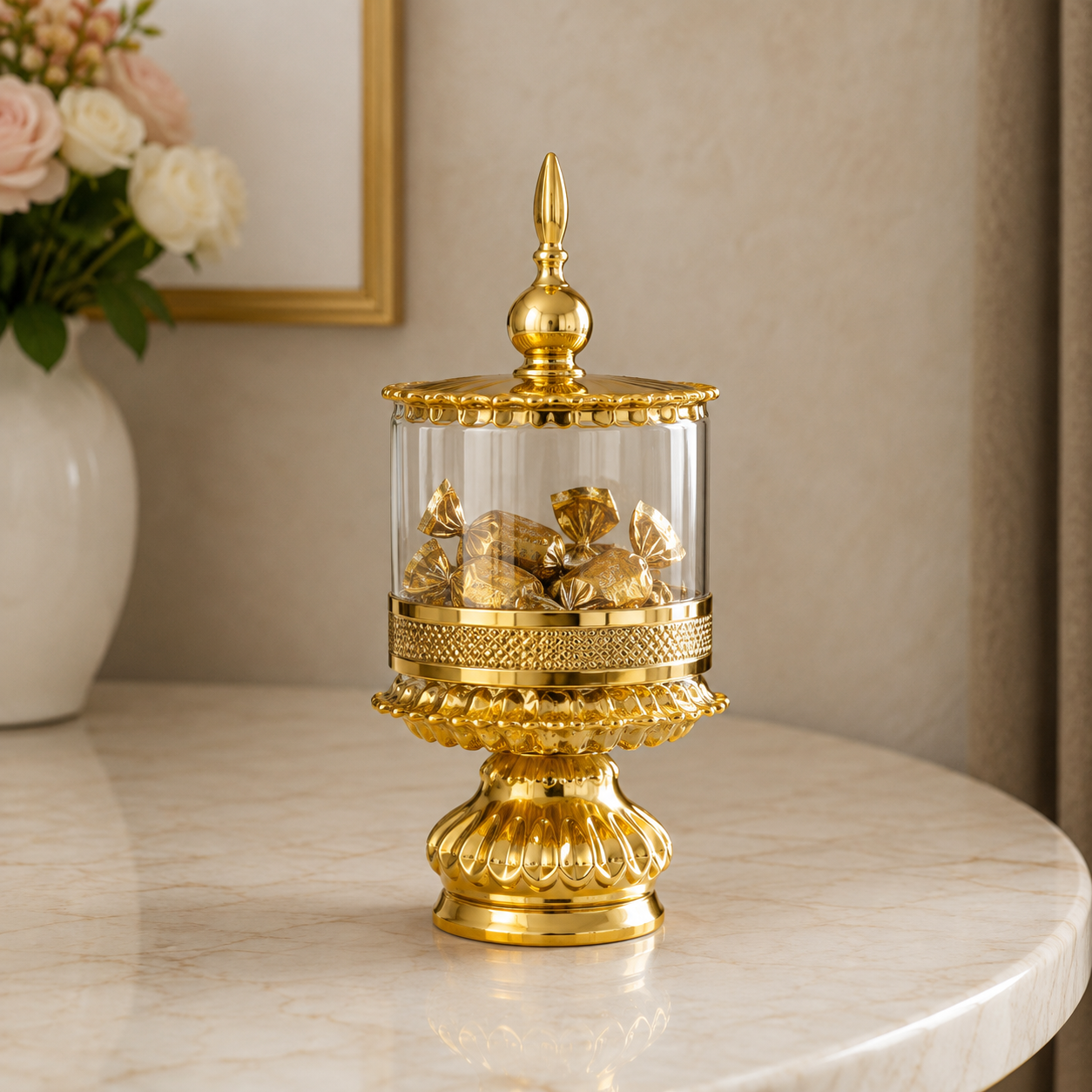 GOLDEN GLASS CANDY JAR WITH LID