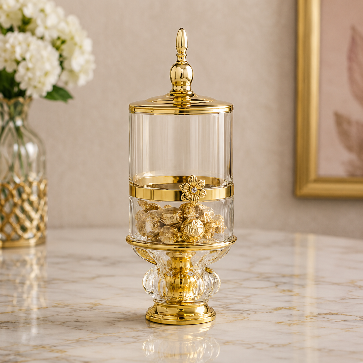 LUXURY GOLDEN GLASS CANDY JAR WITH LID