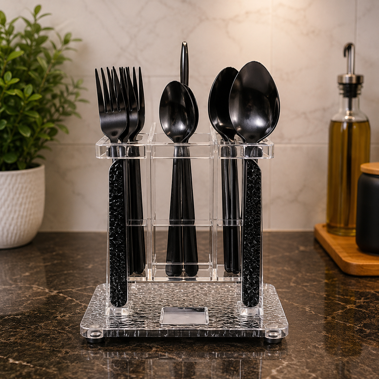 24 PCS BLACK STAINLESS STEEL CUTLERY SET WITH ACRYLIC STAND