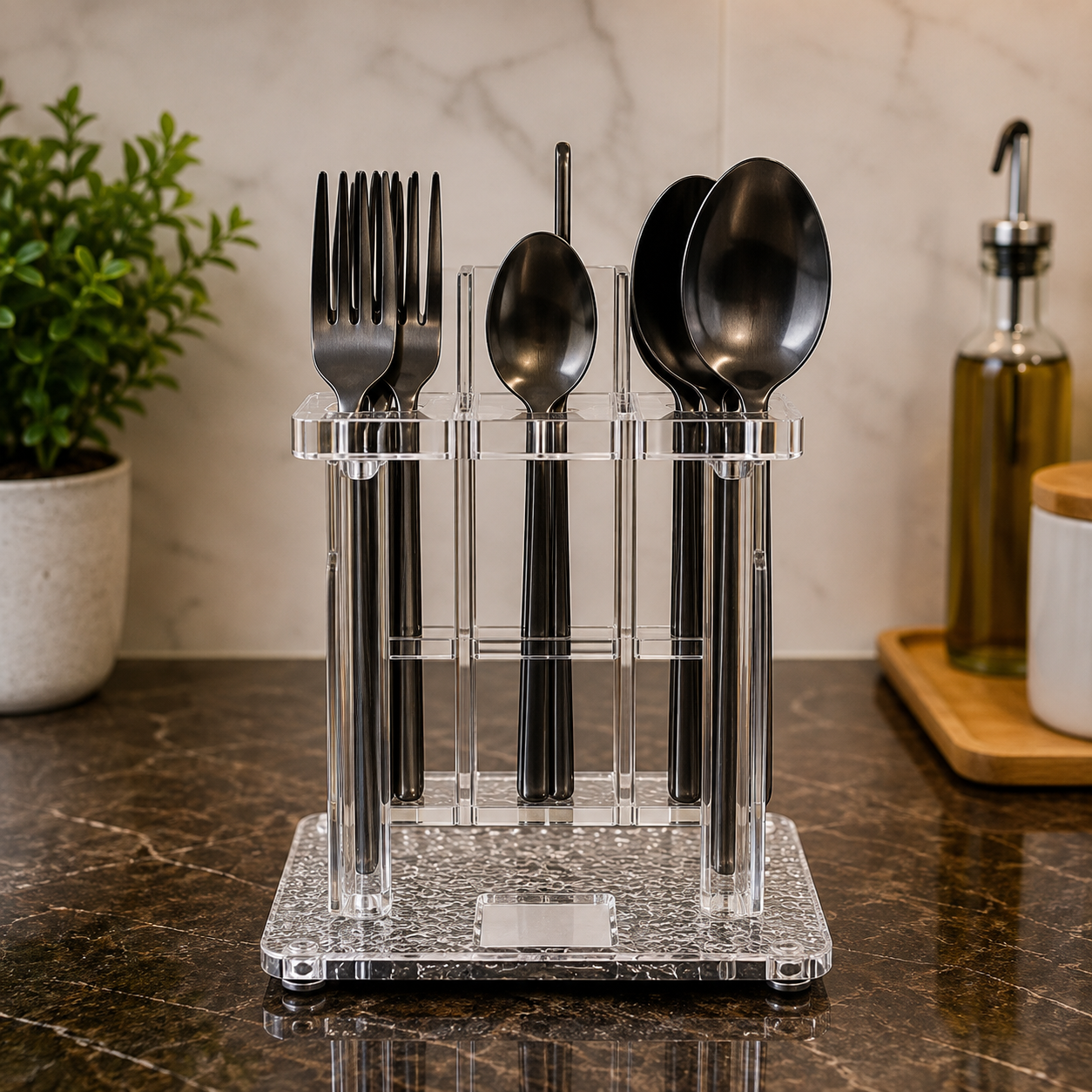 24 PCS BLACK STAINLESS STEEL CUTLERY SET WITH CLEAR ACRYLIC STAND