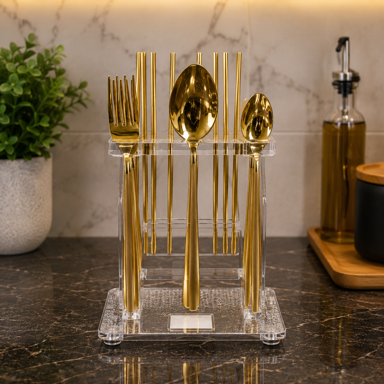 24 PCS GOLD STAINLESS STEEL CUTLERY SET WITH ACRYLIC STAND
