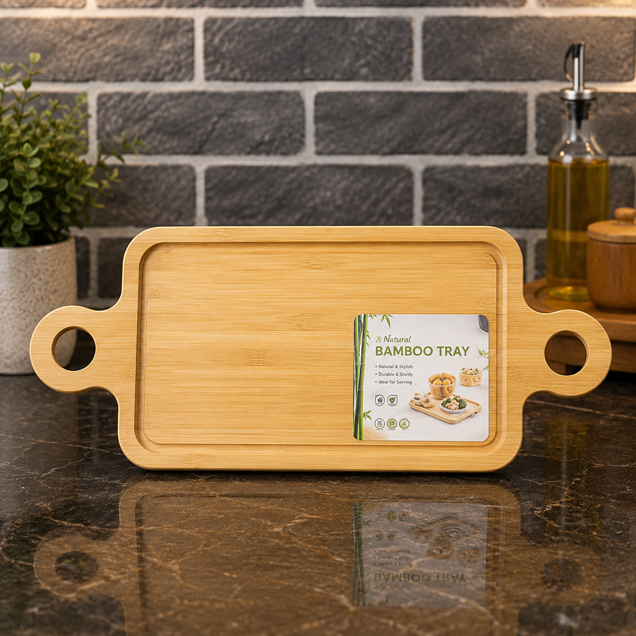 NATURAL BAMBOO SERVING TRAY WITH HANDLES