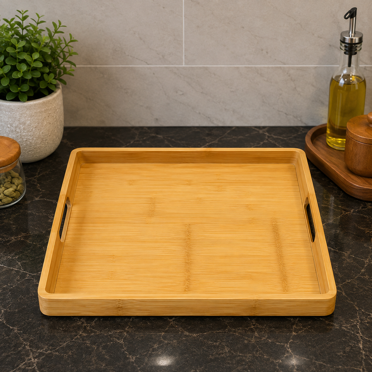 RECTANGULAR BAMBOO SERVING TRAY WITH HANDLES