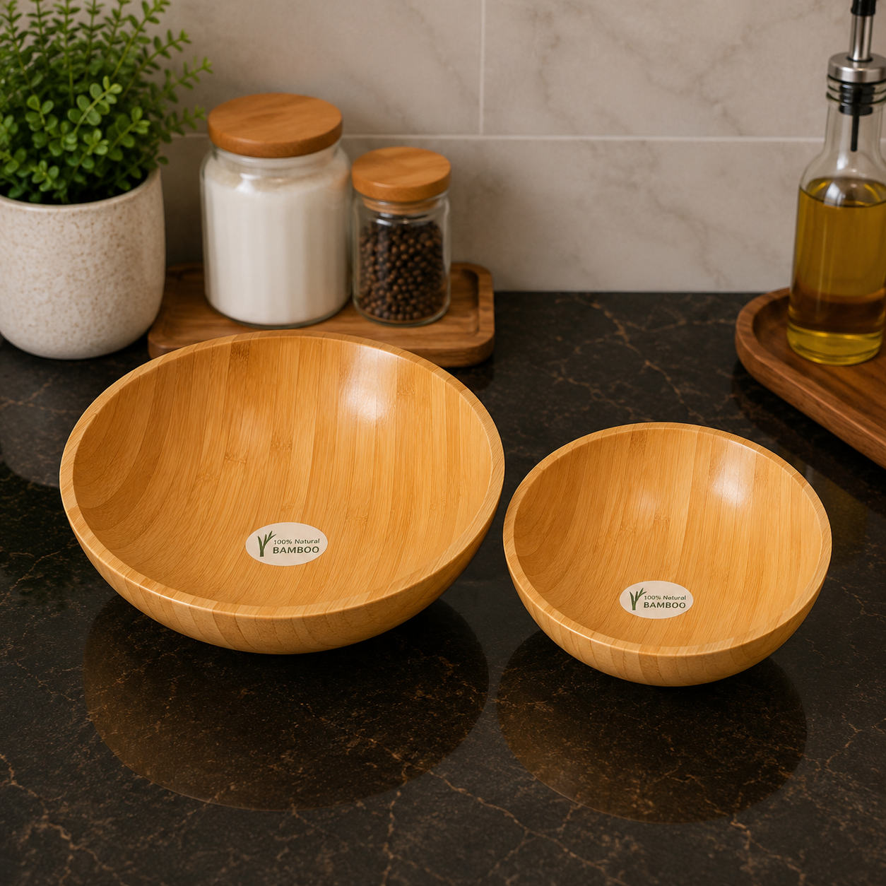 2 PCS NATURAL BAMBOO SERVING BOWL SET