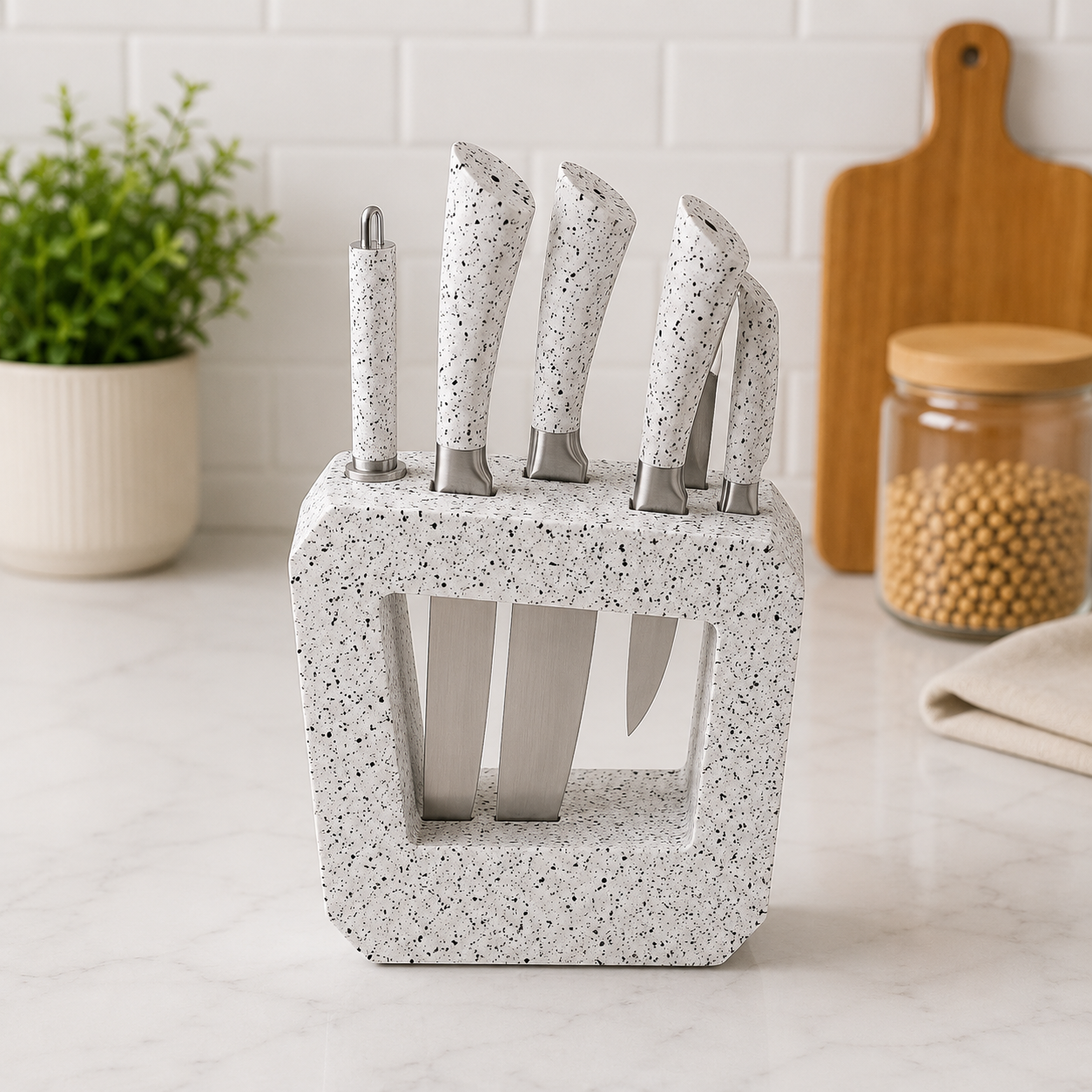 5-PIECE SPECKLED NON-STICK KITCHEN KNIFE SET WITH STORAGE BLOCK