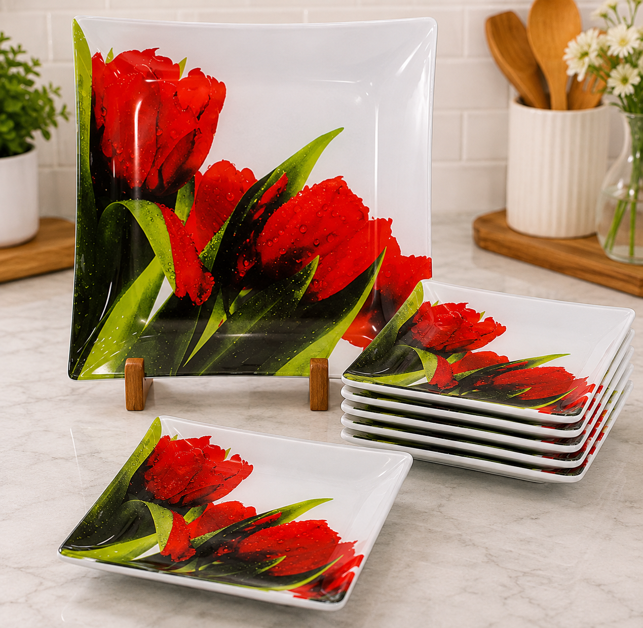 ARCOFAM7-PIECE RED TULIP SQUARE SERVING PLATE SET - ELIZABETH