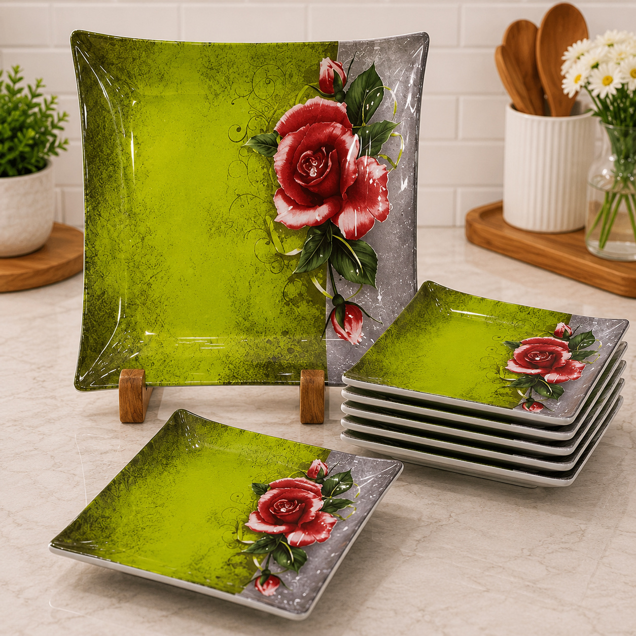 ARCOFAM 7-PIECE GREEN ROSE SQUARE SERVING PLATE SET - GREEN ARAGOL