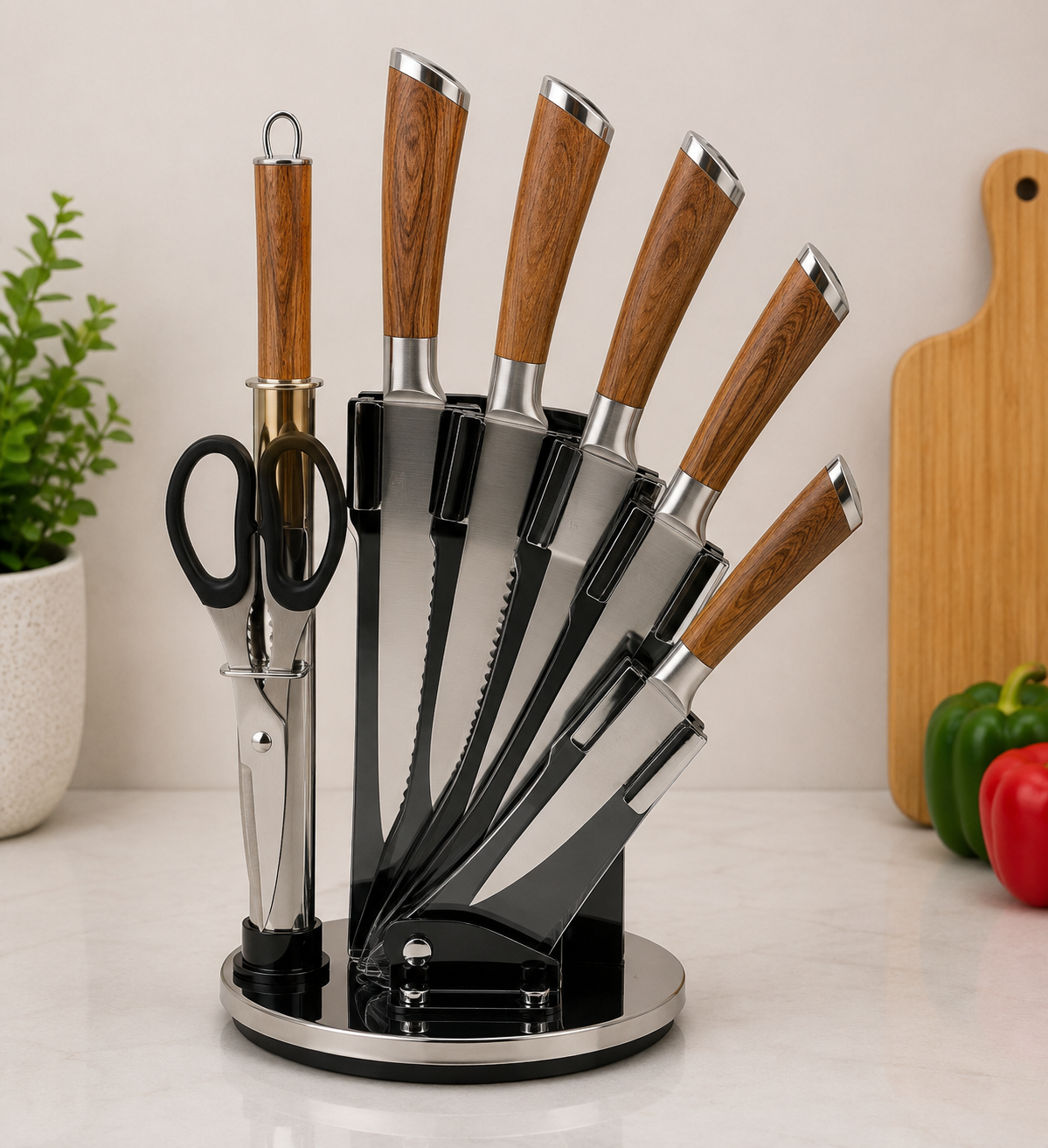 7-PIECE ROTATING KITCHEN KNIFE SET WITH WOOD GRAIN HANDLES