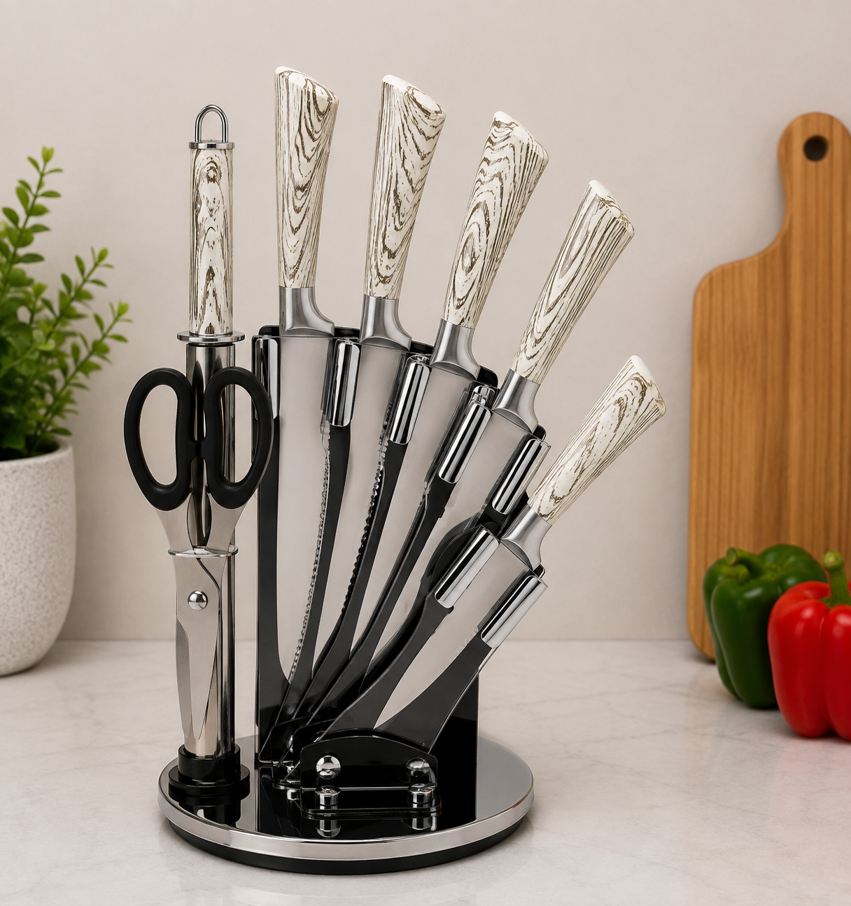 7-PIECE ROTATING KITCHEN KNIFE SET WITH MARBLE HANDLE DESIGN