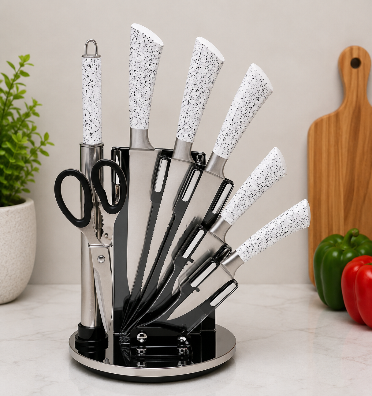 7-PIECE SPECKLED HANDLE KITCHEN KNIFE SET WITH ROTATING STAND