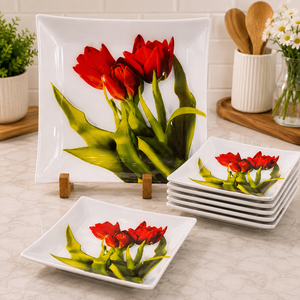 ARCOFAM 7-PIECE RED TULIP SQUARE SERVING PLATE SET - ANA