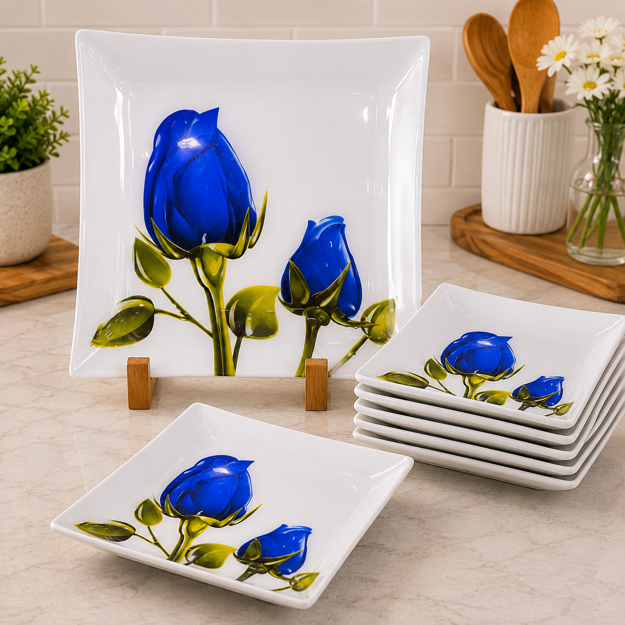 ARCOFAM 7-PIECE BLUE ROSE SQUARE SERVING PLATE SET - BLUE PAINZ