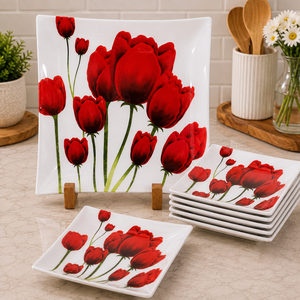 ARCOFAM 7-PIECE RED TULIP SQUARE SERVING PLATE SET - RED PARSA