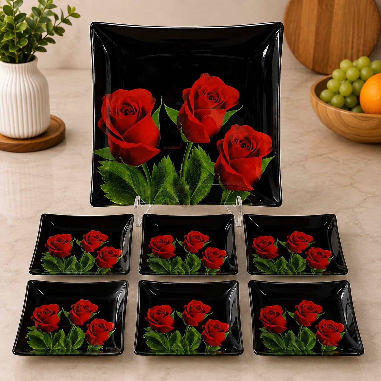 ARCOFAM BLACK RED ROSE GLASS SERVING 7 PIECE PLATE SET - BLACK GOLSHAN