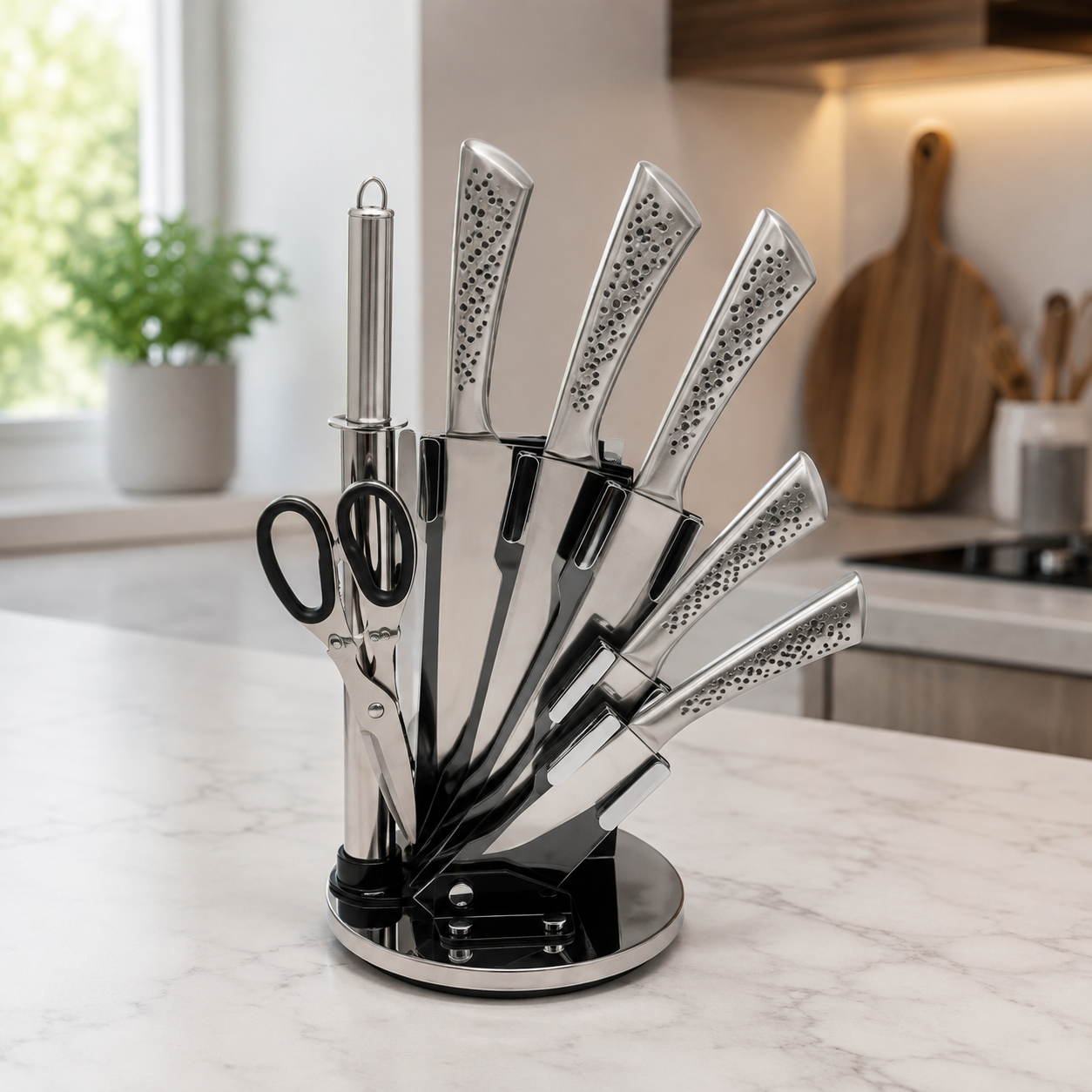 9 PIECE STAINLESS STEEL KITCHEN KNIFE SET WITH ROTATING STAND