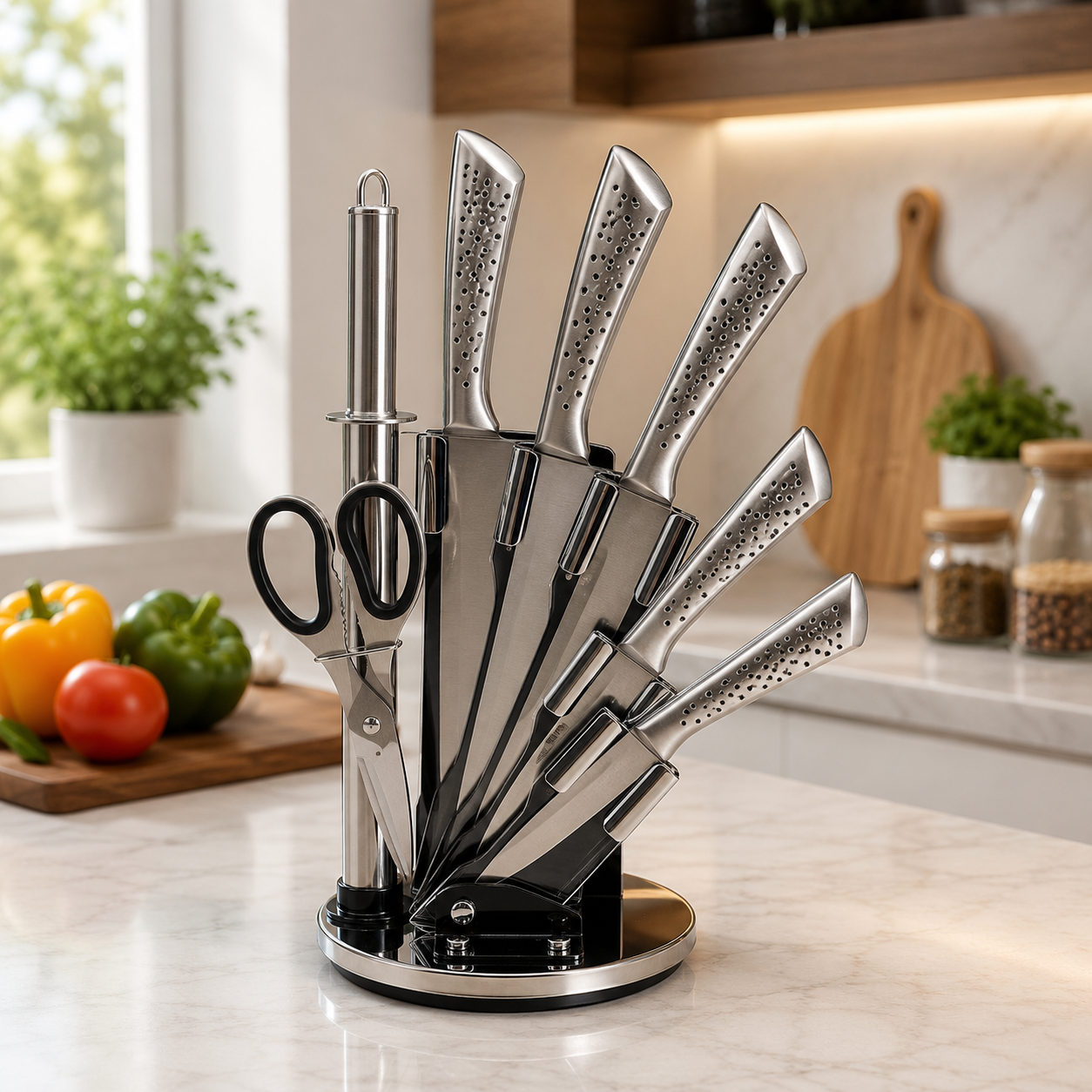 9 PIECE STAINLESS STEEL KITCHEN KNIFE SET WITH ROTATING STAND