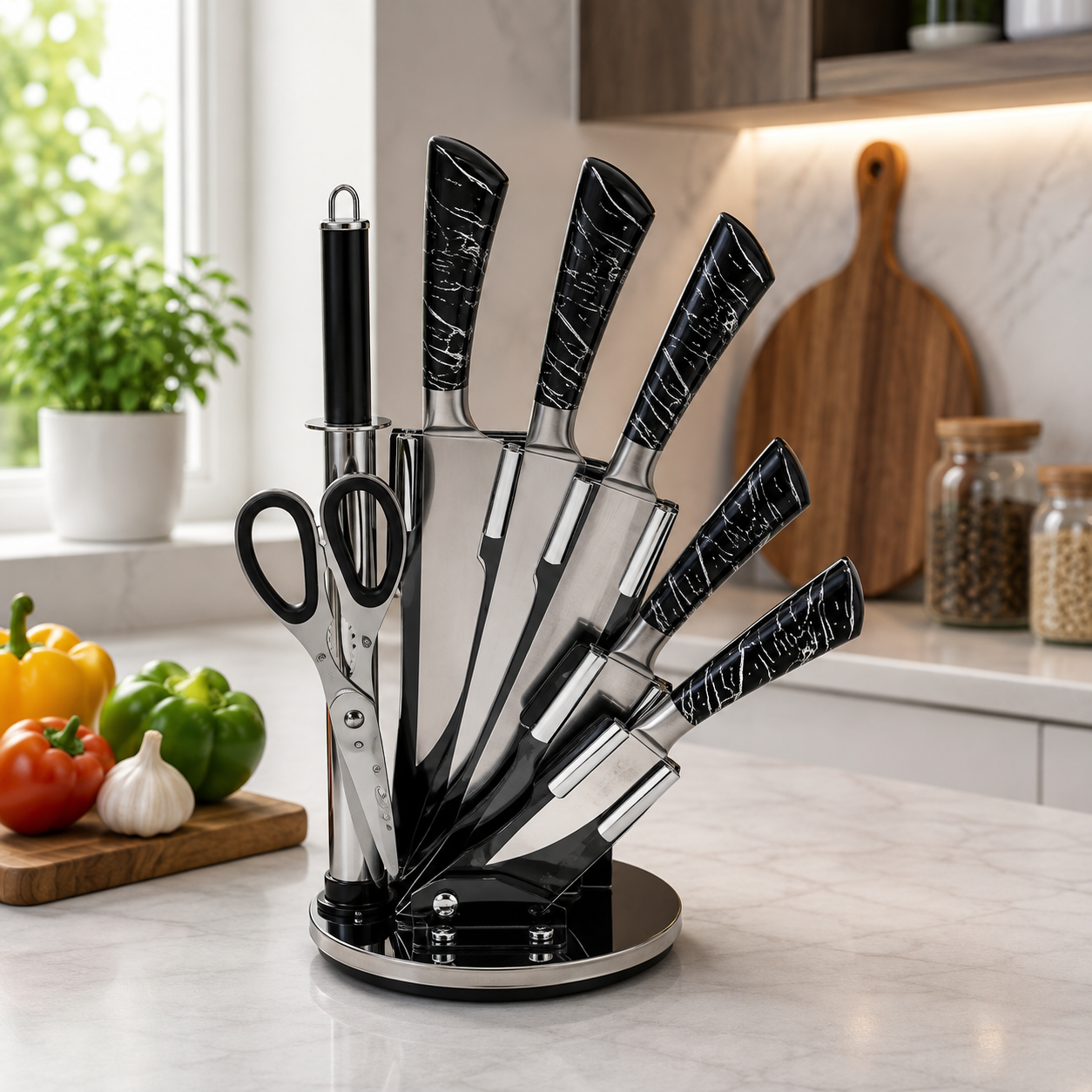 9 PIECE BLACK HANDLE STAINLESS STEEL KITCHEN KNIFE SET WITH ROTATING STAND