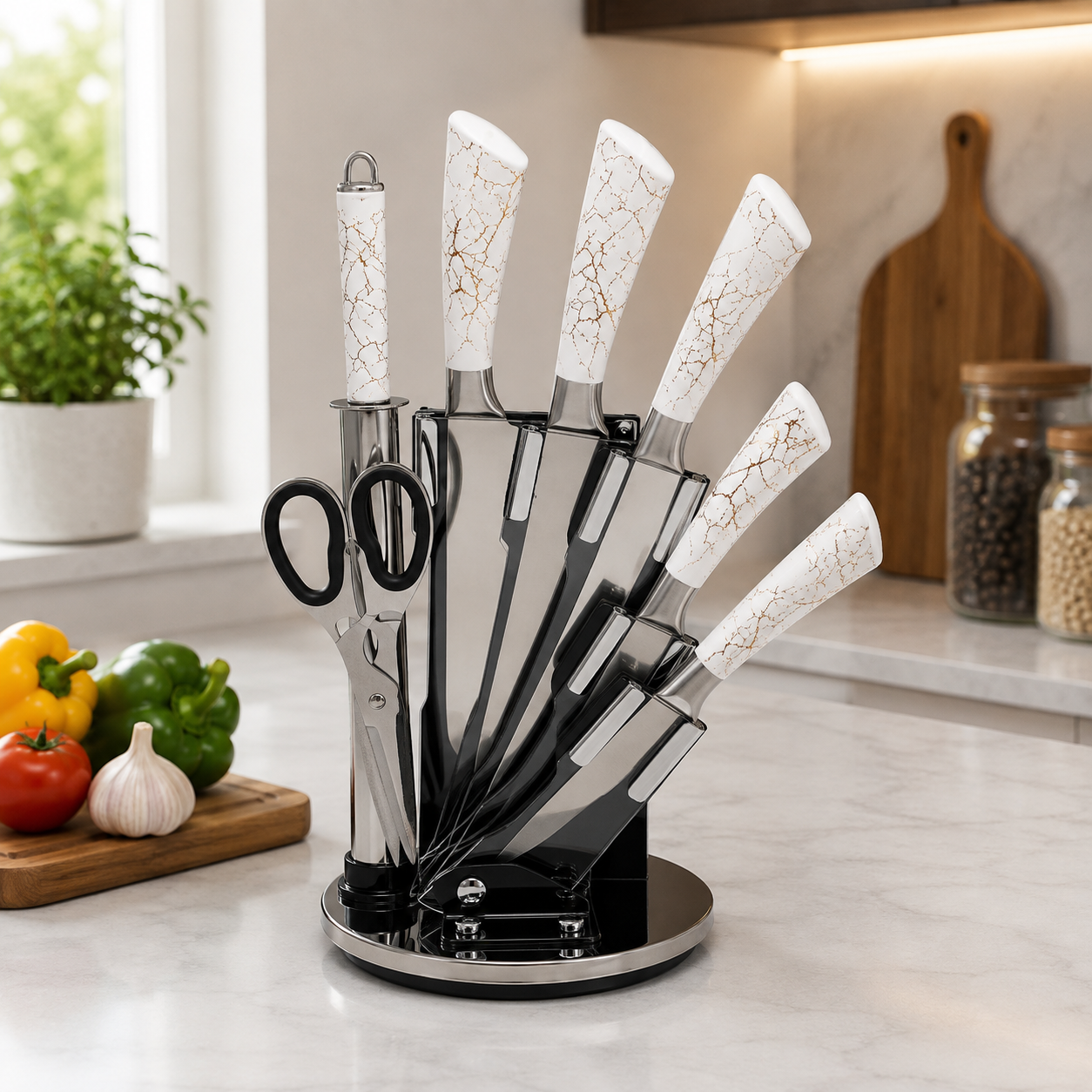 9 PIECE WHITE MARBLE HANDLE STAINLESS STEEL KITCHEN KNIFE SET WITH ROTATING STAND