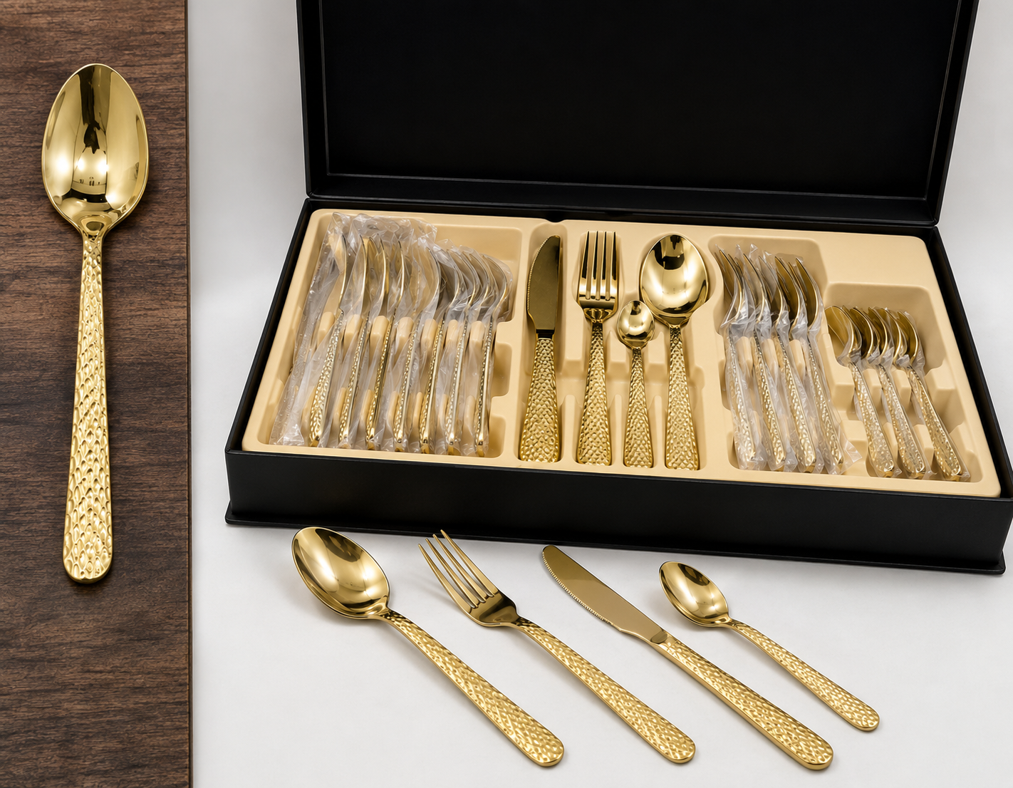 24 PIECE GOLD STAINLESS STEEL CUTLERY SET WITH STORAGE BOX