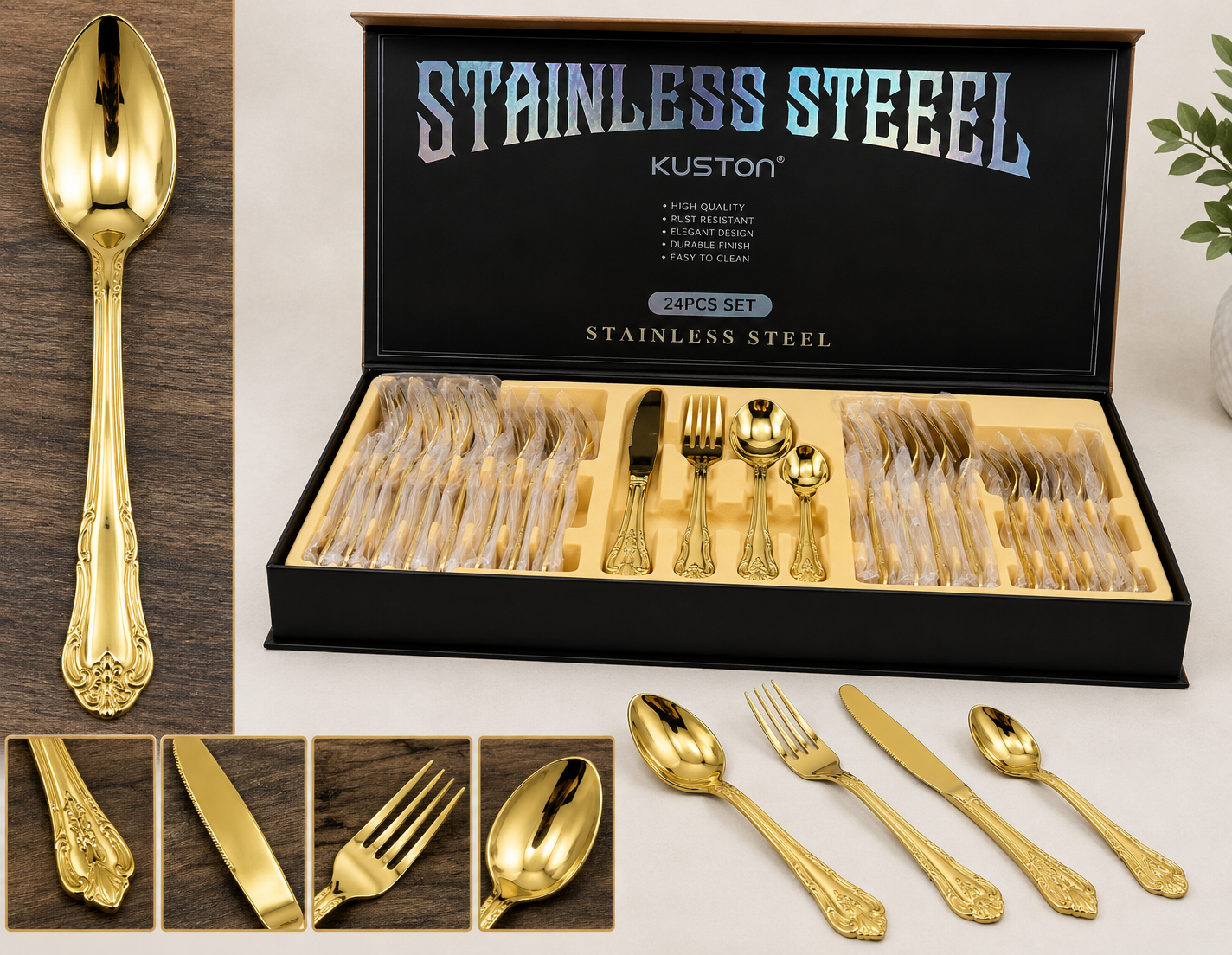 24 PIECE GOLD STAINLESS STEEL CUTLERY SET WITH ORNATE HANDLES