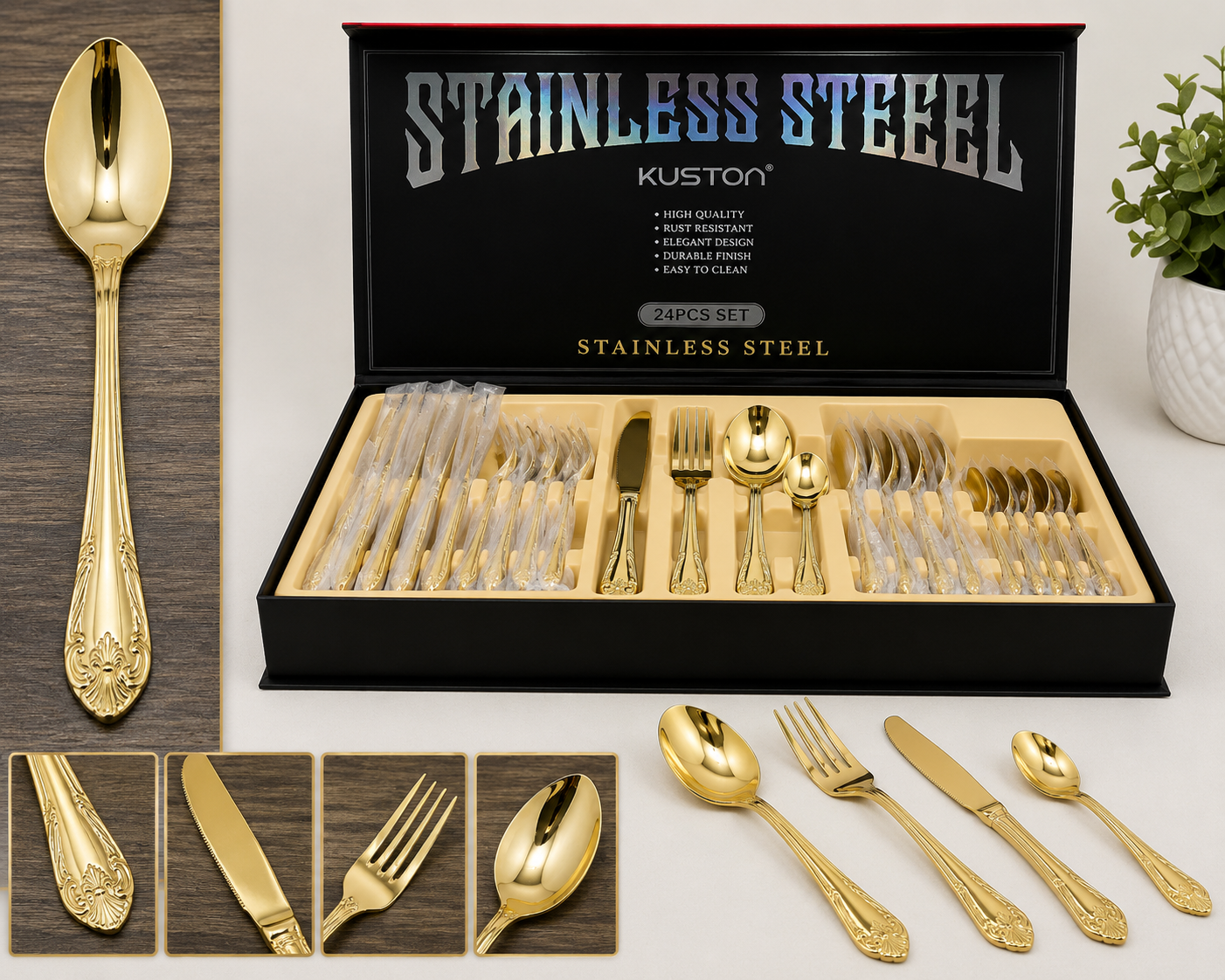 24 PIECE GOLD STAINLESS STEEL CUTLERY SET WITH CLASSIC ORNATE HANDLES