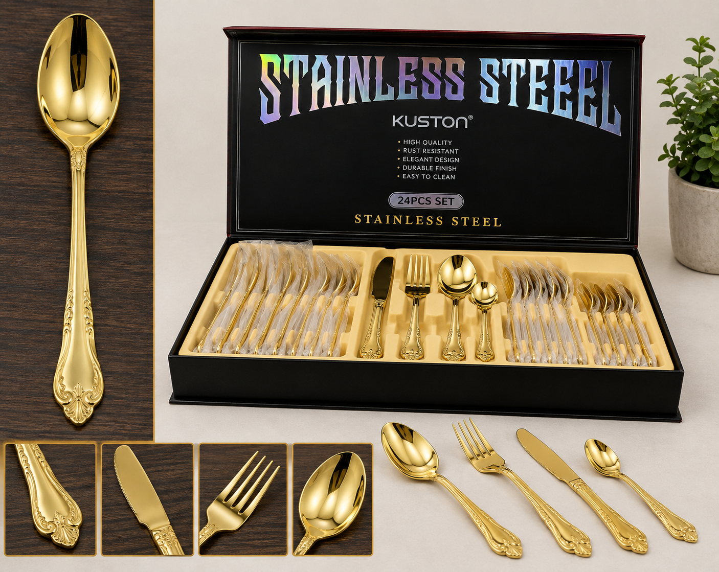 24 PIECE GOLD STAINLESS STEEL CUTLERY SET WITH DECORATIVE HANDLES
