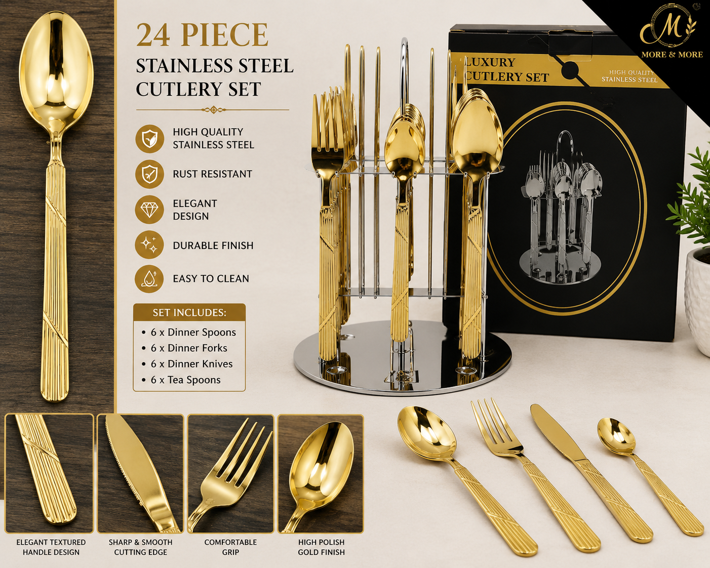 24 PIECE GOLD STAINLESS STEEL CUTLERY SET WITH DISPLAY STAND