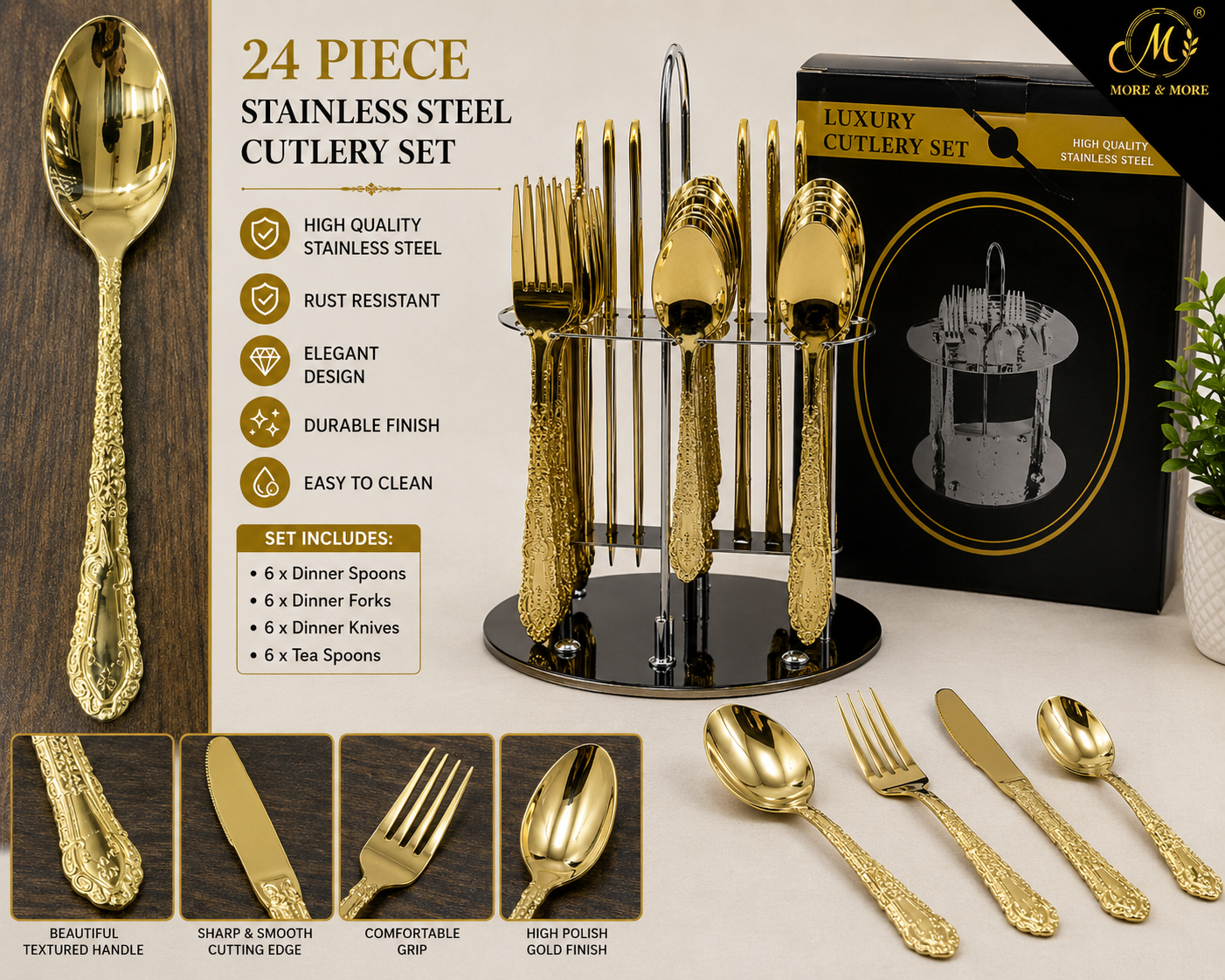 24 PIECE GOLD STAINLESS STEEL CUTLERY SET WITH DISPLAY STAND