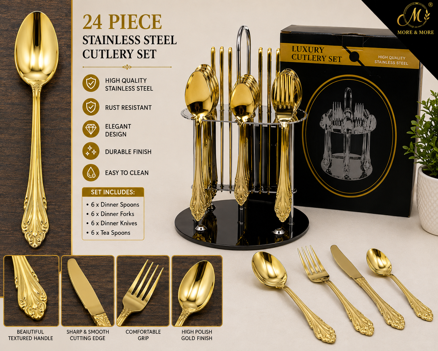 24 PIECE GOLD STAINLESS STEEL CUTLERY SET WITH DISPLAY STAND