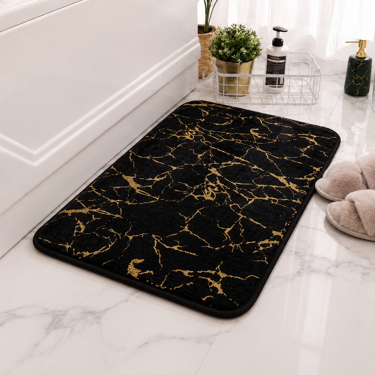 MATRUGS BLACK GOLD MARBLE NON-SLIP BATH MAT - 24 LENGHT / 16 INCHES
