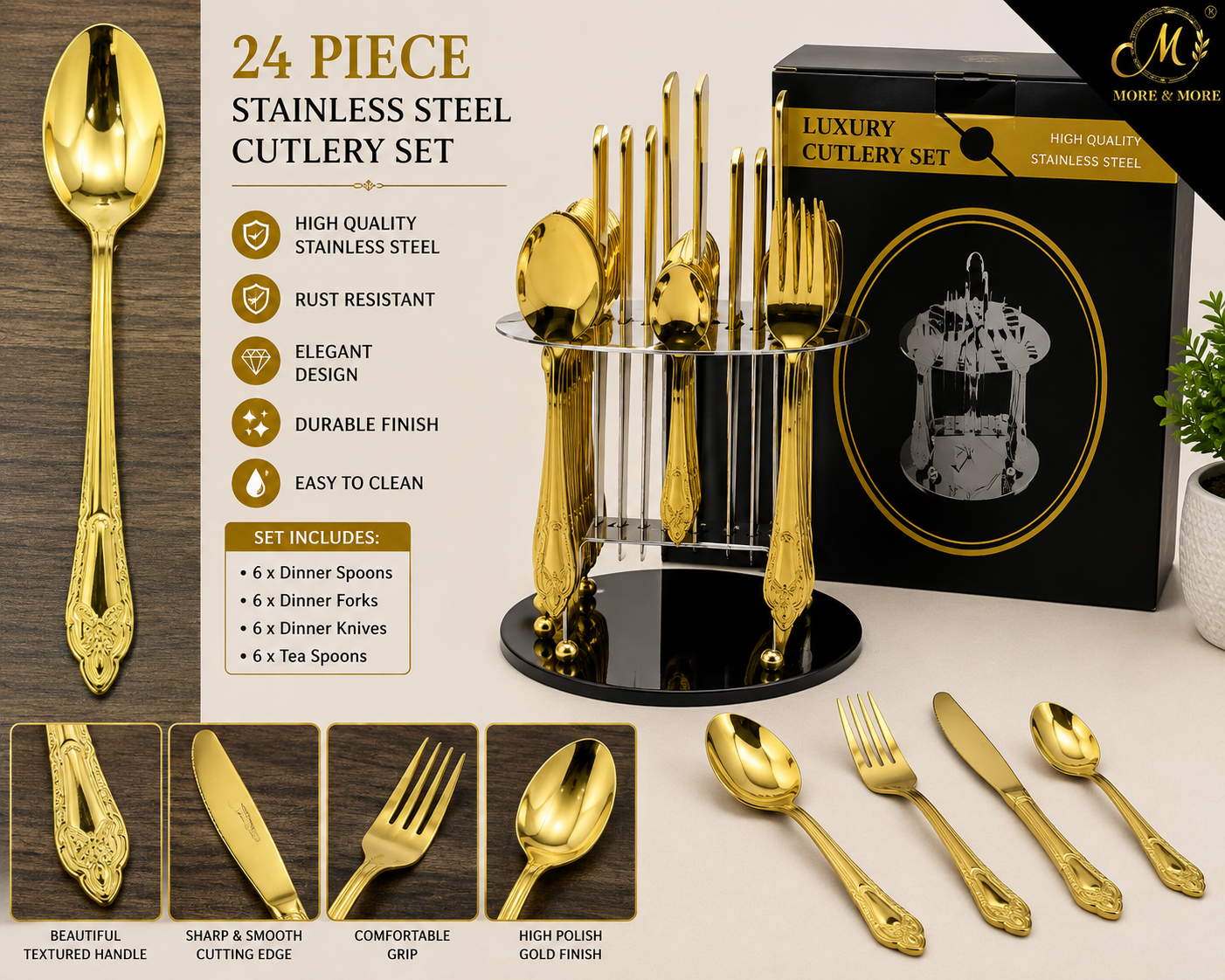 24 PIECE GOLD STAINLESS STEEL CUTLERY SET WITH DISPLAY STAND