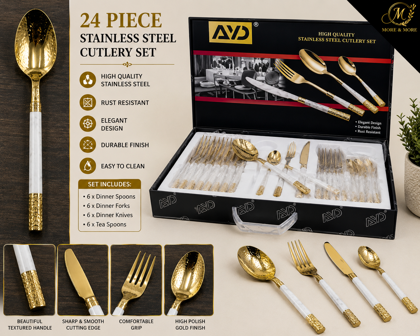 24 PIECE WHITE MARBLE HANDLE GOLD STAINLESS STEEL CUTLERY SET WITH STORAGE BOX