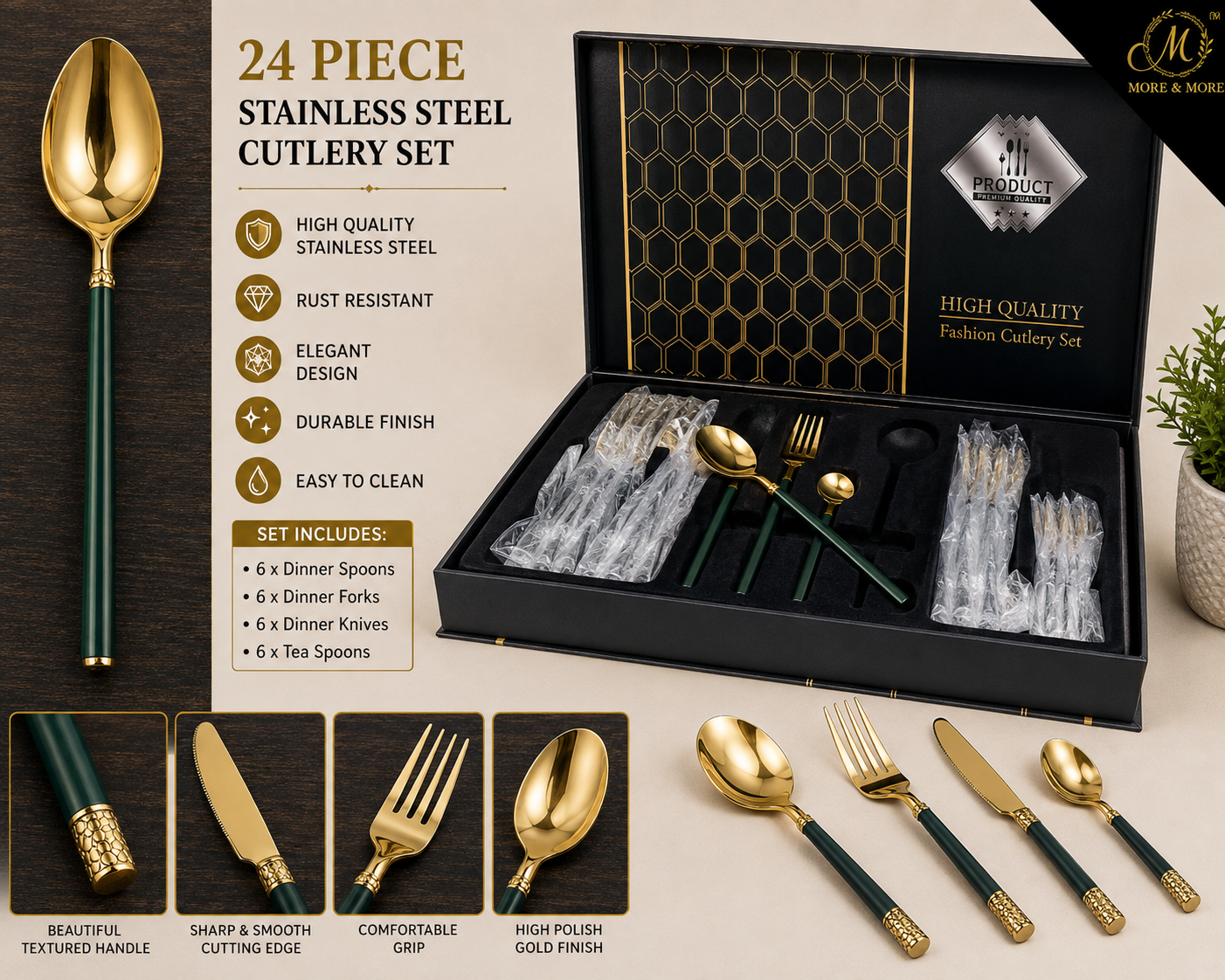 24 PIECE GREEN HANDLE GOLD STAINLESS STEEL CUTLERY SET WITH GIFT BOX