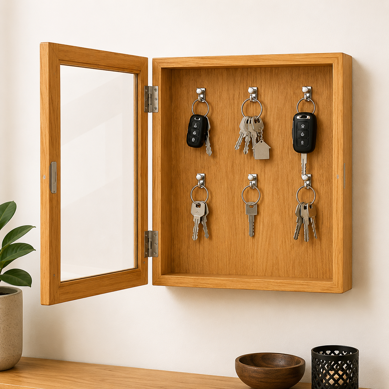 WALL MOUNTED WOODEN KEY HOLDER CABINET WITH GLASS DOOR