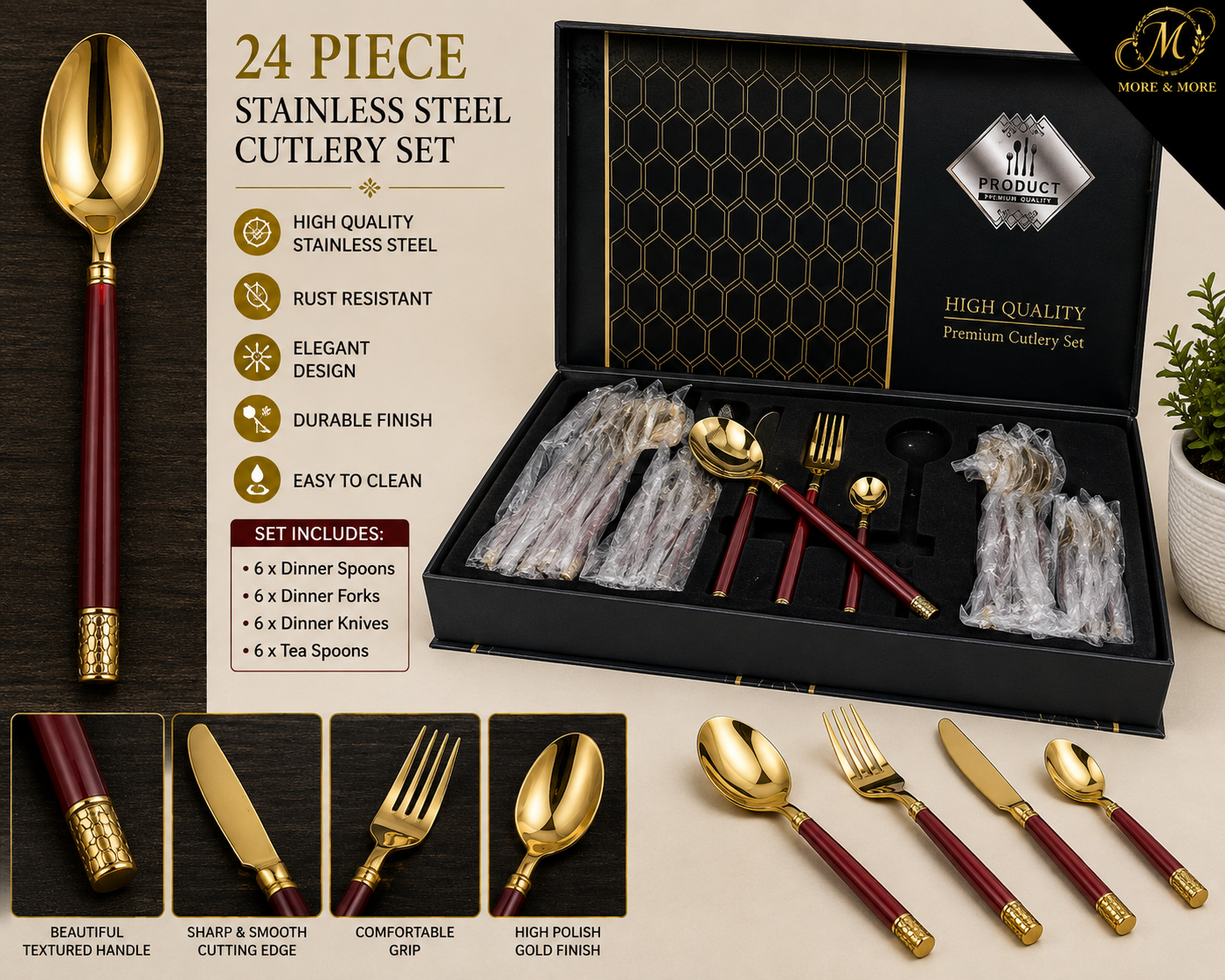 24 PIECE MAROON HANDLE GOLD STAINLESS STEEL CUTLERY SET WITH GIFT BOX