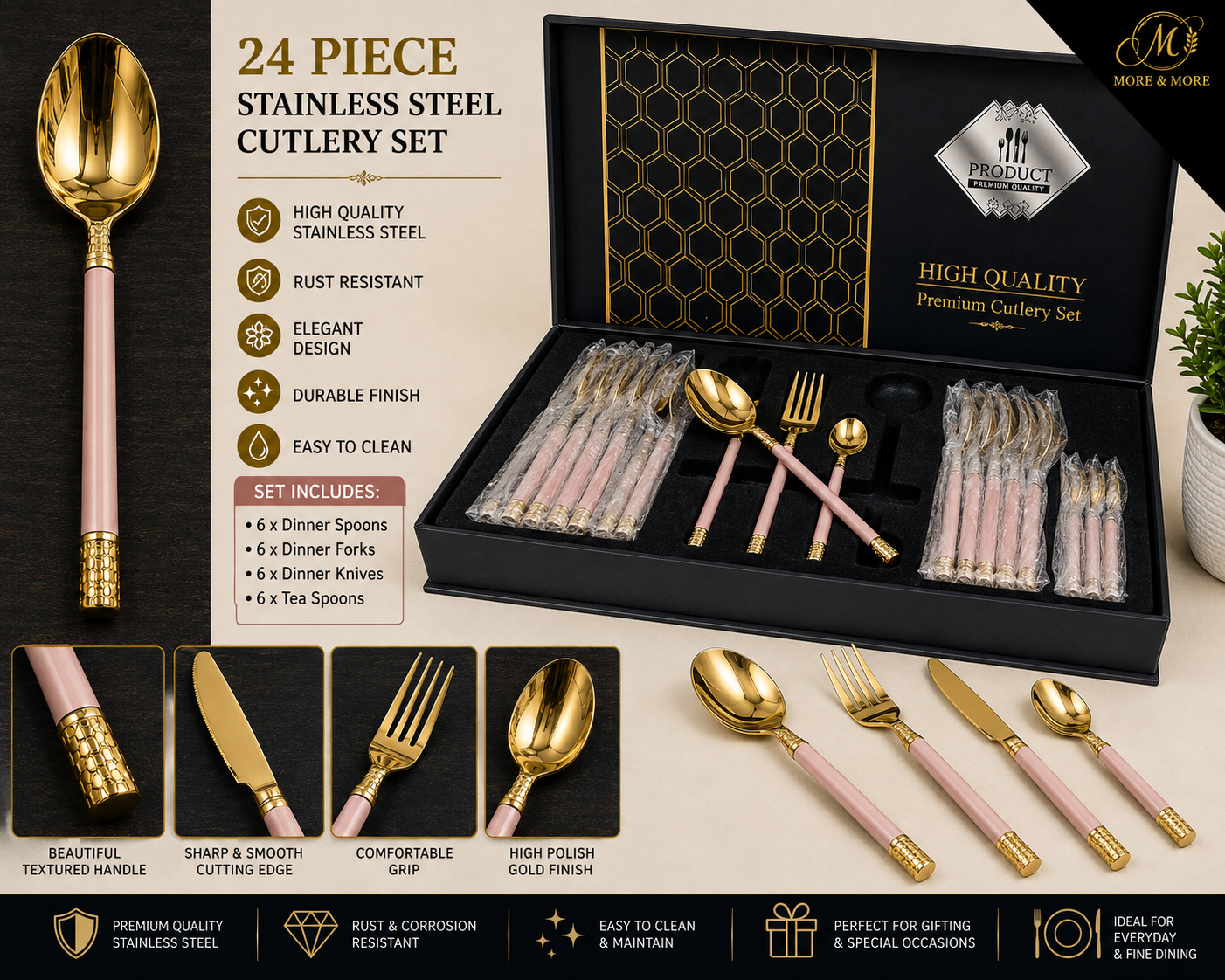 24 PIECE PINK HANDLE GOLD STAINLESS STEEL CUTLERY SET WITH GIFT BOX