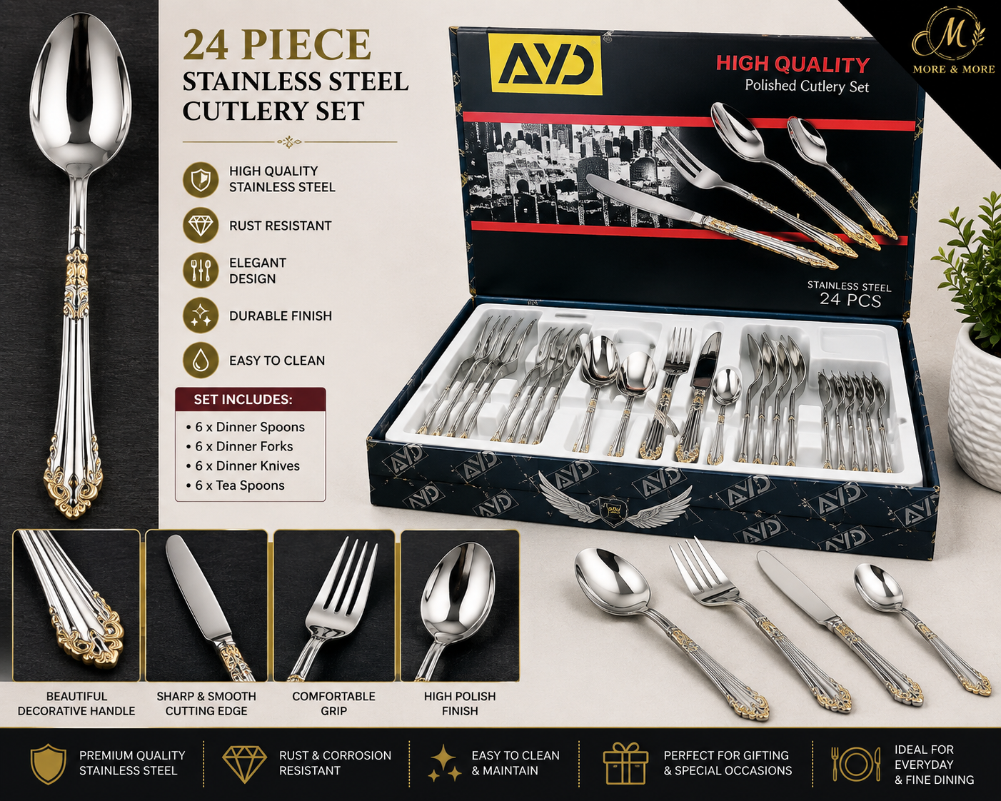 24 PIECE SILVER STAINLESS STEEL CUTLERY SET WITH GOLD DECORATIVE HANDLES