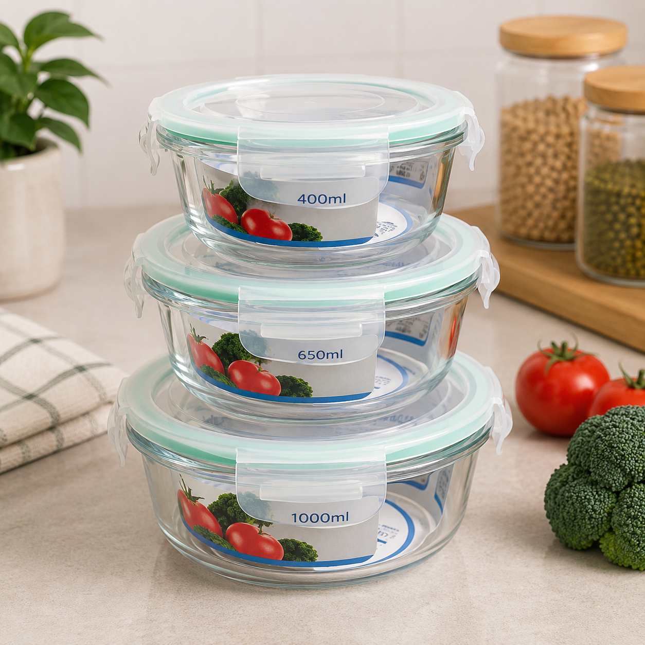 ROUND & SQUARE GLASS AIRTIGHT FOOD STORAGE CONTAINER SET - 3 PIECE SET