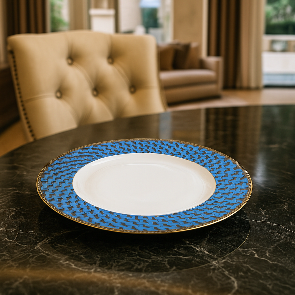 ANGELA PORCELAIN DINNER PLATE WITH BLUE GEOMETRIC BORDER – ELEGANT FINE CHINA FOR VILLA TABLETOP DISPLAY