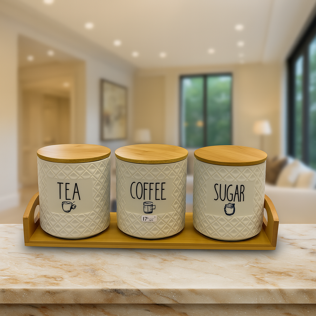 3 PIECE CERAMIC TEA COFFEE SUGAR JAR SET WITH BAMBOO LIDS & TRAY – TEXTURED STORAGE CONTAINERS FOR KITCHEN ORGANIZATION