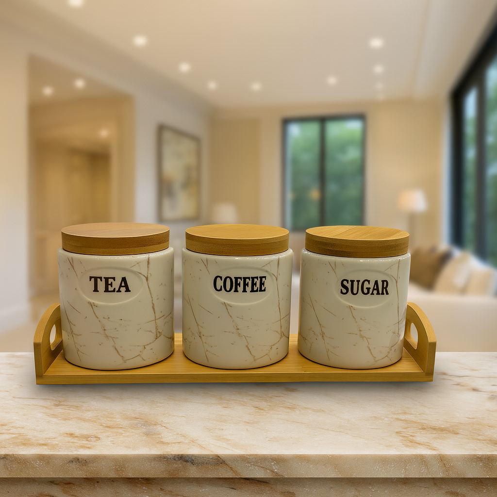 3 PIECE ROUND MARBLE CERAMIC JAR SET WITH BAMBOO LIDS & TRAY – TEA, COFFEE, SUGAR STORAGE CONTAINERS FOR KITCHEN ORGANIZATION