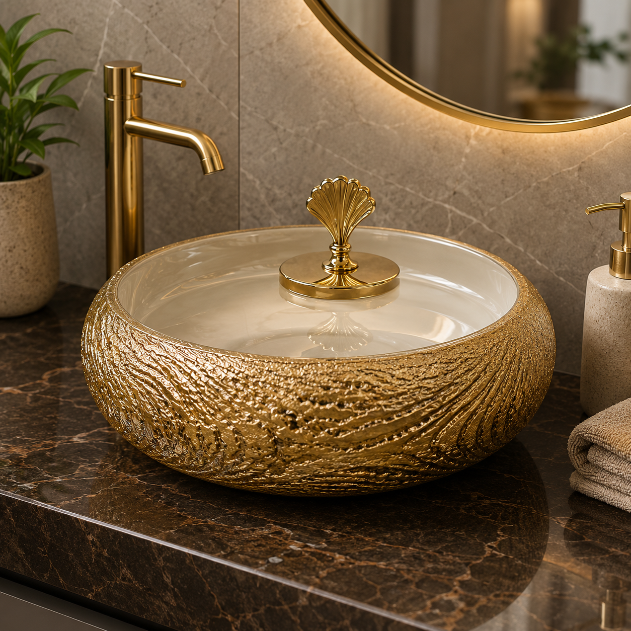 LUXURY GOLD TEXTURED CERAMIC VESSEL WASH BASIN WITH DECORATIVE LID