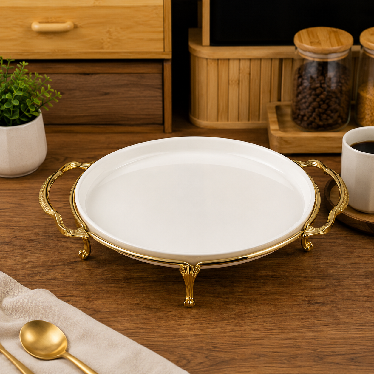 ROUND CERAMIC SERVING TRAY WITH GOLD HANDLES