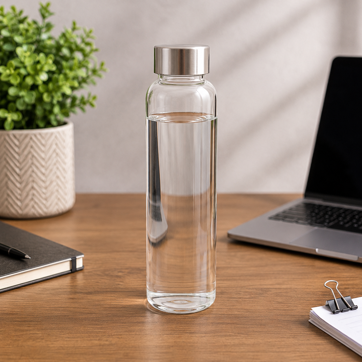 CLEAR GLASS WATER BOTTLE WITH STAINLESS STEEL LID