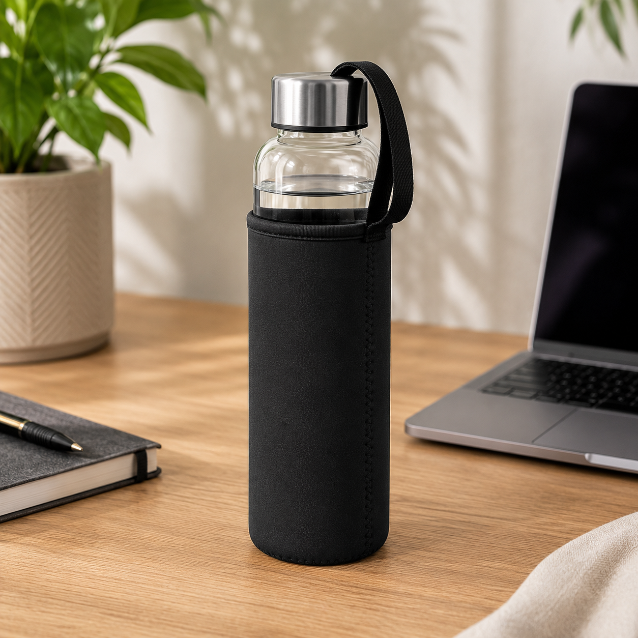GLASS WATER BOTTLE WITH STAINLESS STEEL LID & PROTECTIVE SLEEVE