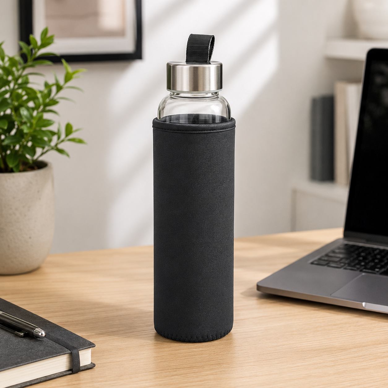 GLASS WATER BOTTLE WITH STAINLESS STEEL LID & INSULATED SLEEVE
