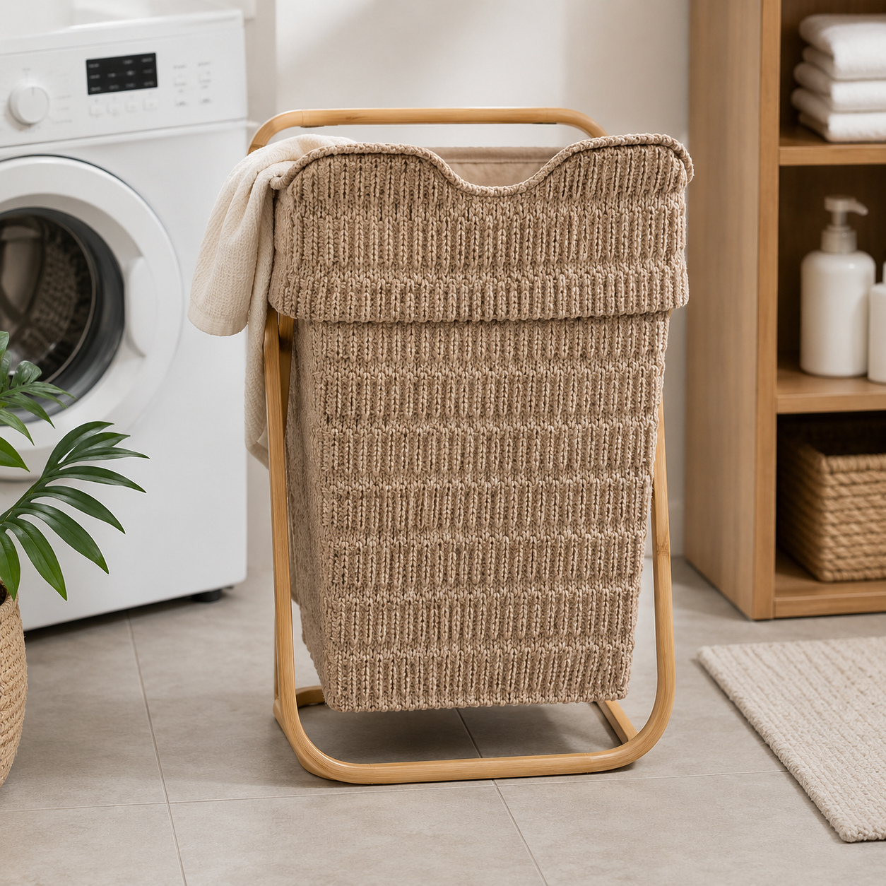 HANDWOVEN ROPE LAUNDRY HAMPER WITH WOODEN STAND