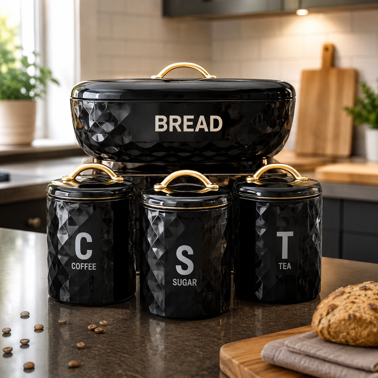 BLACK METAL BREAD BIN & 3-PIECE KITCHEN STORAGE CANISTER SET