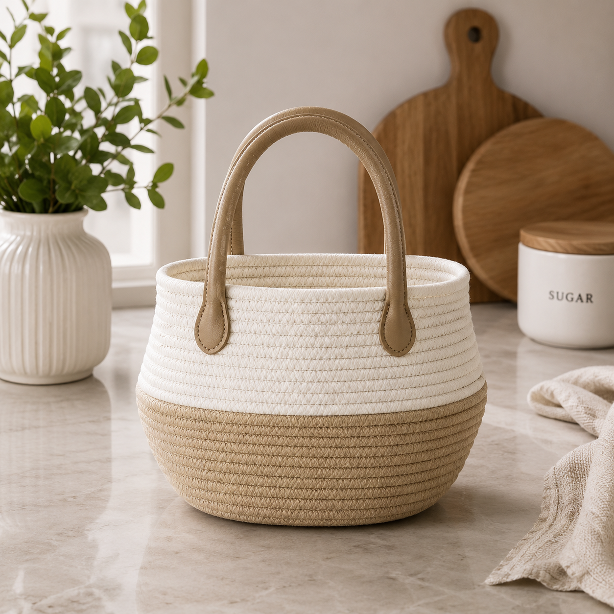 ROUND ROPE STORAGE BASKET WITH HANDLE